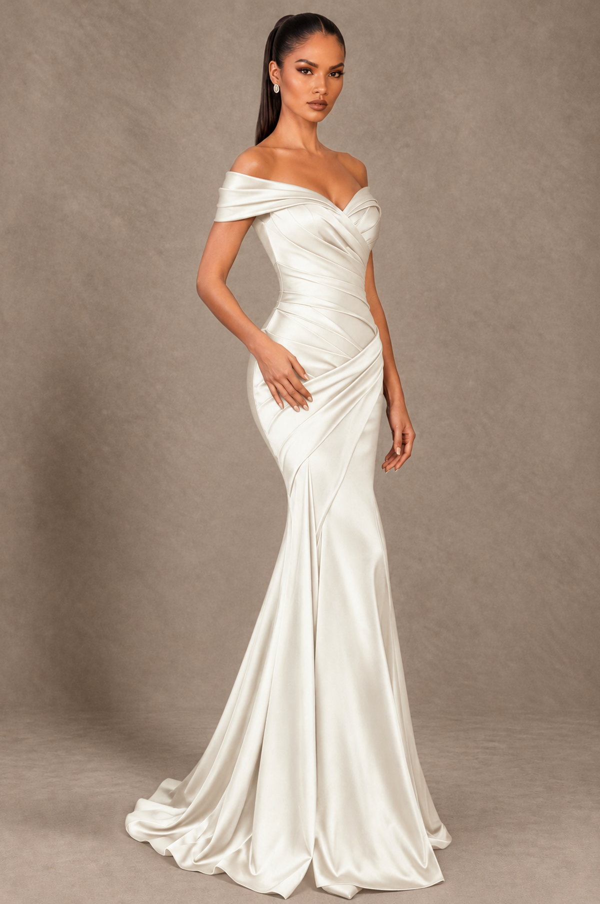 BOLODOO Ivory Off-the-Shoulder Ruched Satin Mermaid Evening Dress - Ivory - Ivory_2