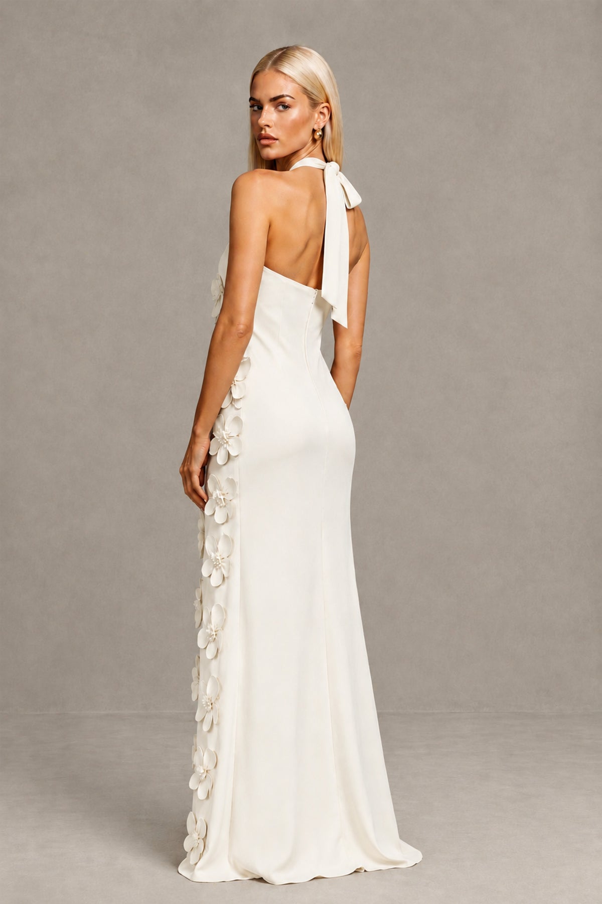 BOLODOO Ivory Cross Halter Neck 3D Floral Appliqué Backless Mermaid Maxi Gown - Ivory - Ivory_2