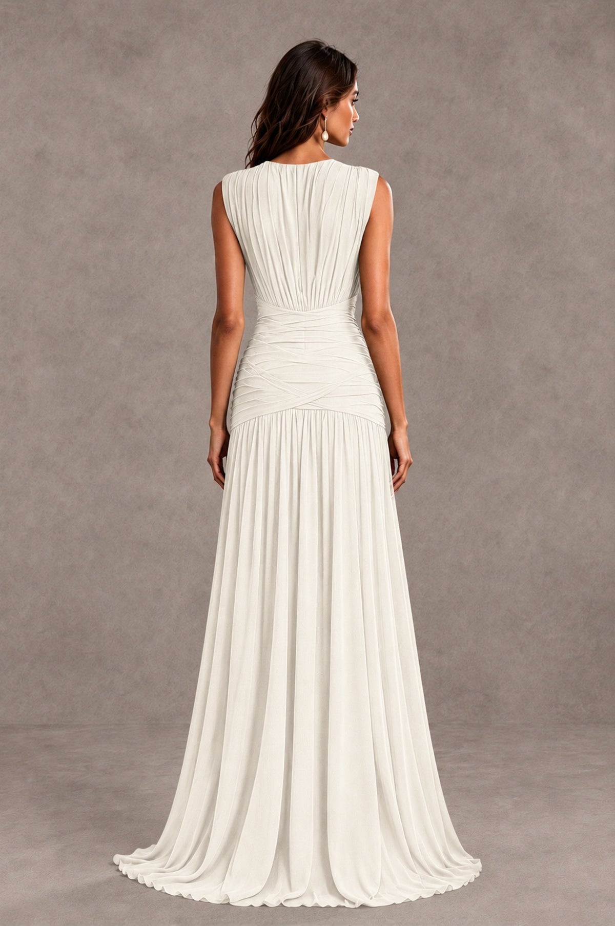 BOLODOO Ivory V-Neck Ruched Wedding Guest Dress - Ivory - Ivory_2