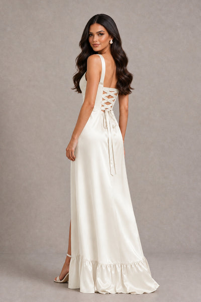BOLODOO Ivory Square Neck Satin Evening Dress with Lace-Up Back and High Slit - Ivory - Ivory_2