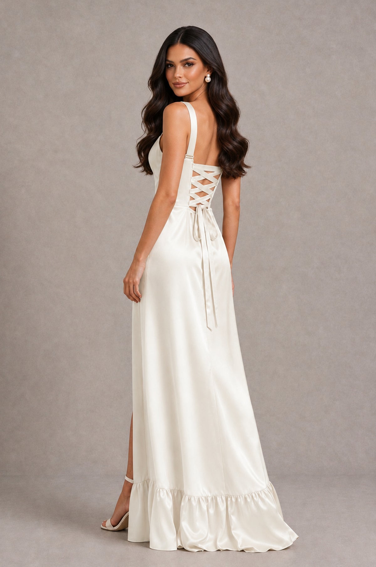 BOLODOO Ivory Square Neck Satin Evening Dress with Lace-Up Back and High Slit - Ivory - Ivory_2