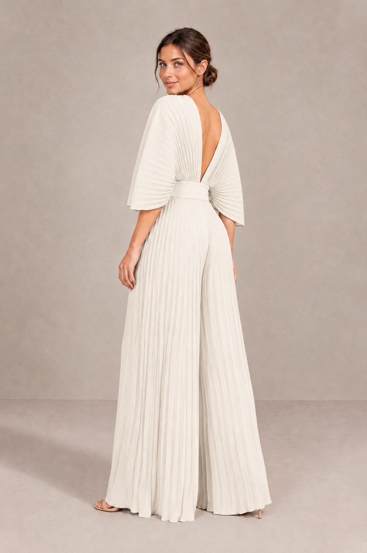 BOLODOO Ivory Pleated Wide-Leg Mother of Bride Pantsuit with V-Neck Chiffon Maxi Gown - Ivory - Ivory_2
