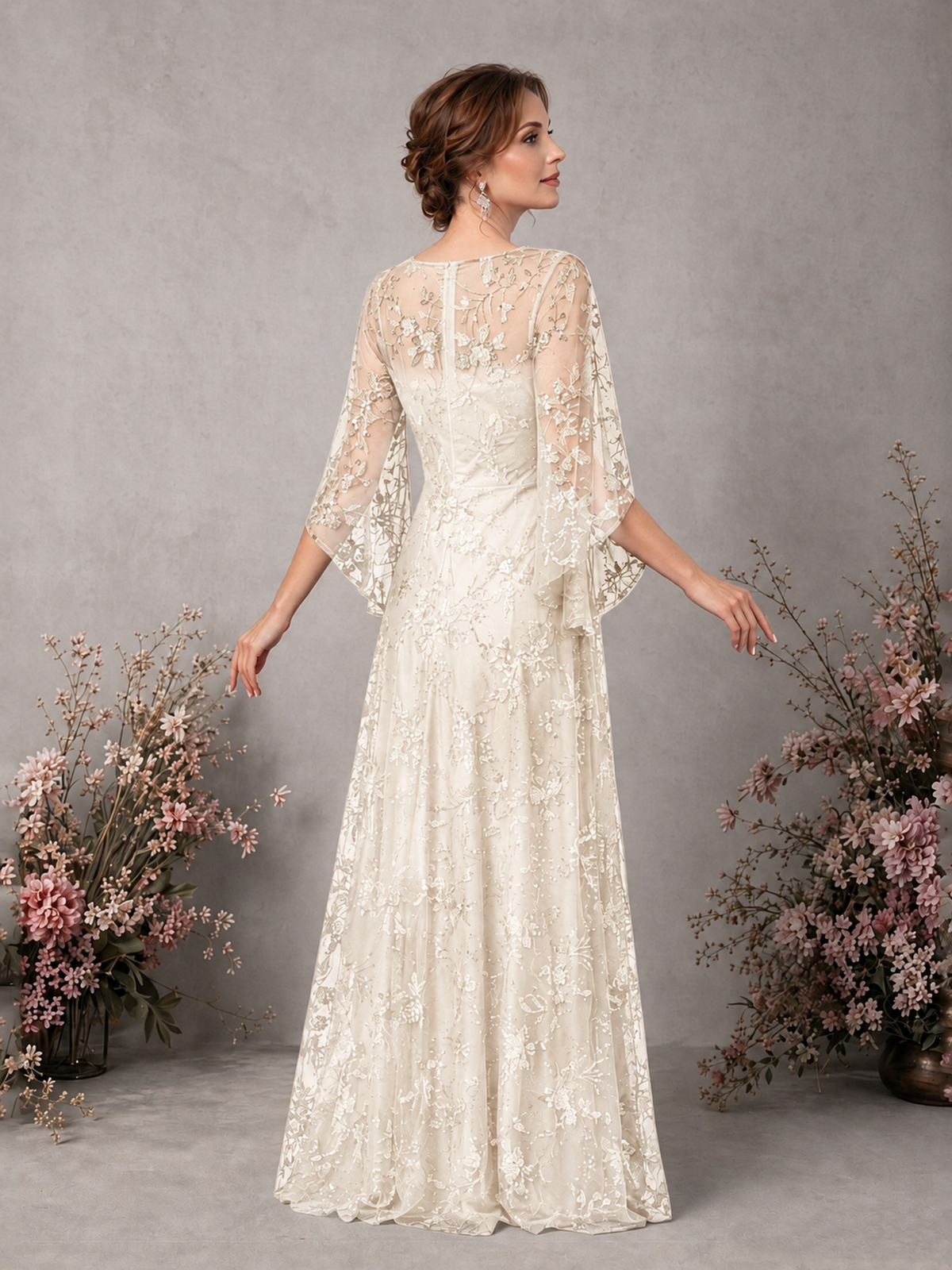 BOLODOO Ivory Sequin Lace Cape Sleeve Formal Evening Gown - Ivory - Ivory_2
