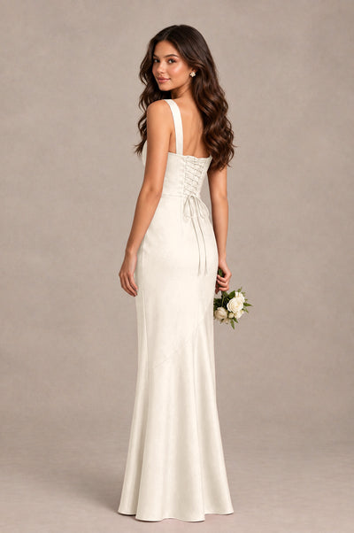 BOLODOO Ivory Square Neck Ruched Satin Lace-Up Bridesmaid Dress - Ivory - Ivory_2