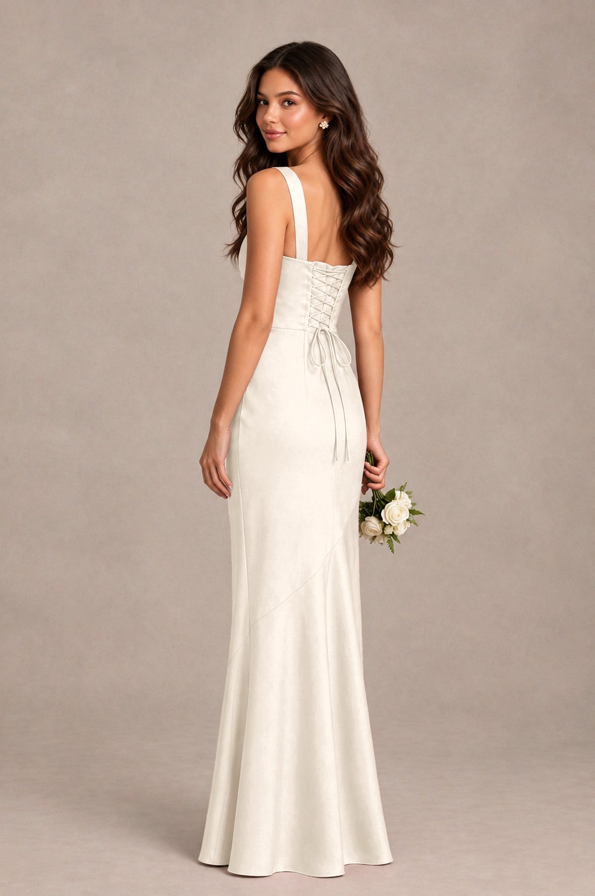 BOLODOO Ivory Square Neck Ruched Satin Lace-Up Bridesmaid Dress - Ivory - Ivory_2