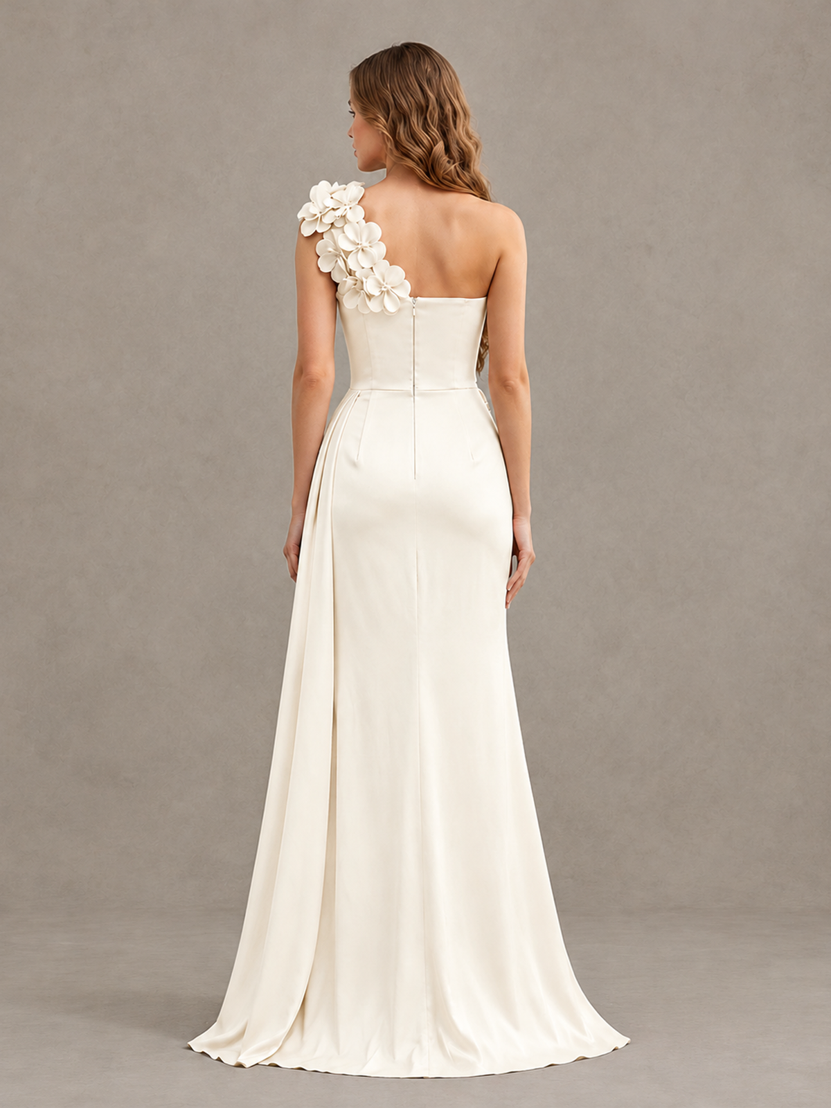 BOLODOO Ivory One-Shoulder Satin Mermaid Evening Gown with 3D Floral Appliqué - Ivory - Ivory_2