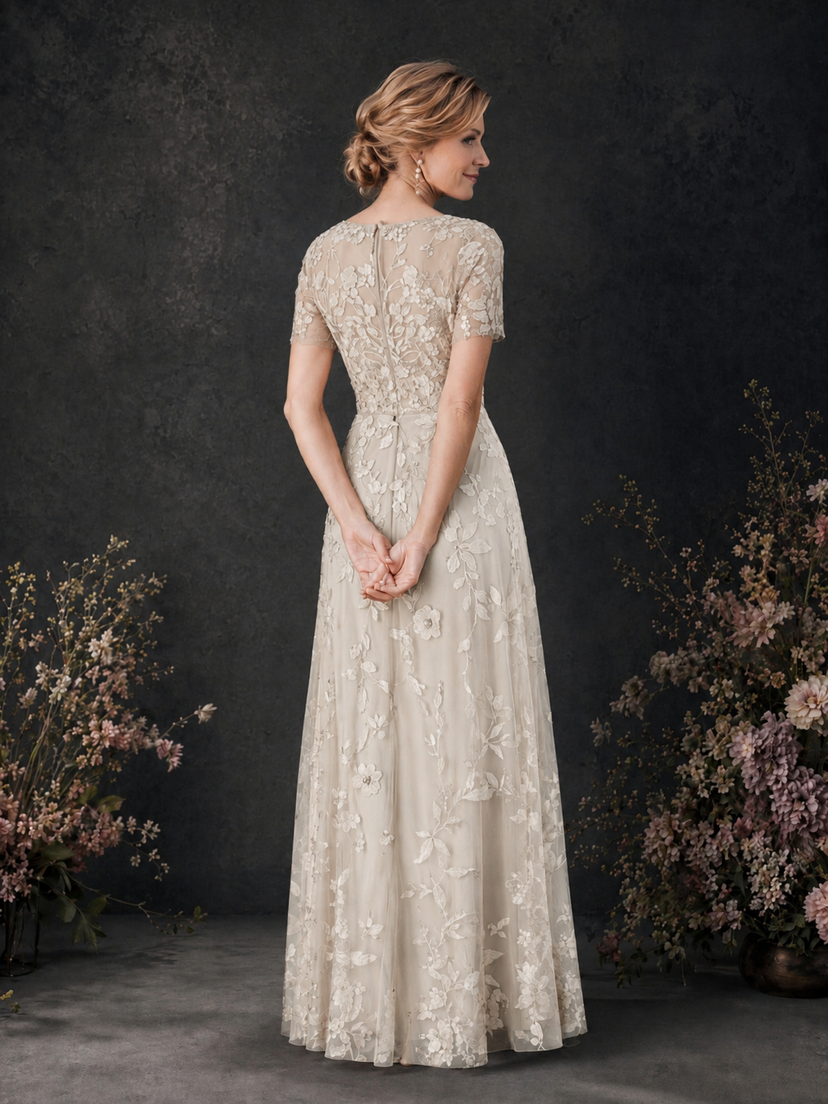 BOLODOO Ivory 3D Floral Embroidered Lace V-Neck Short Sleeve A-Line Maxi Dress - Ivory