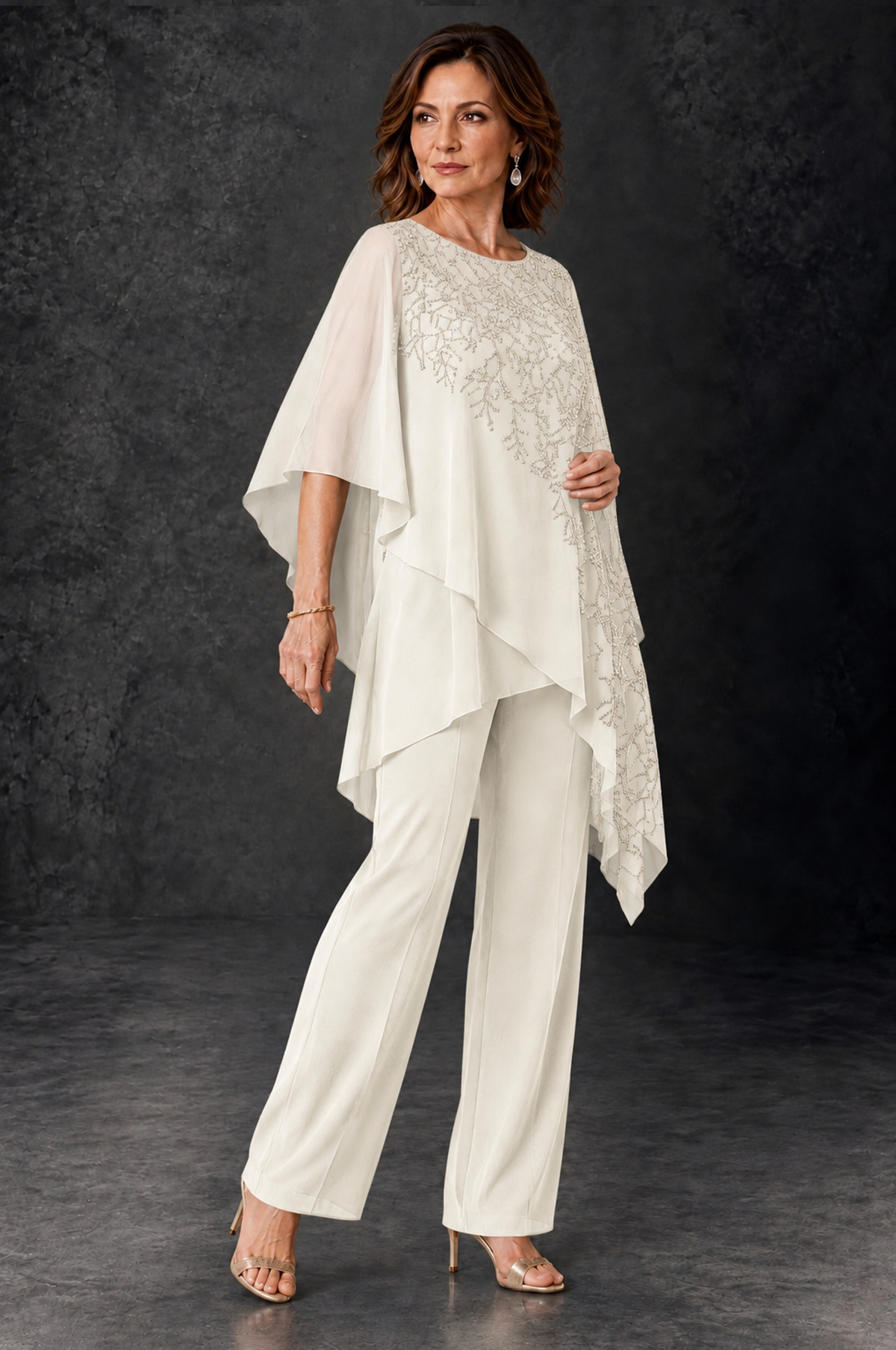 BOLODOO Ivory Embellished Cape Pant Suit for Mother of the Bride - Ivory - Ivory_2