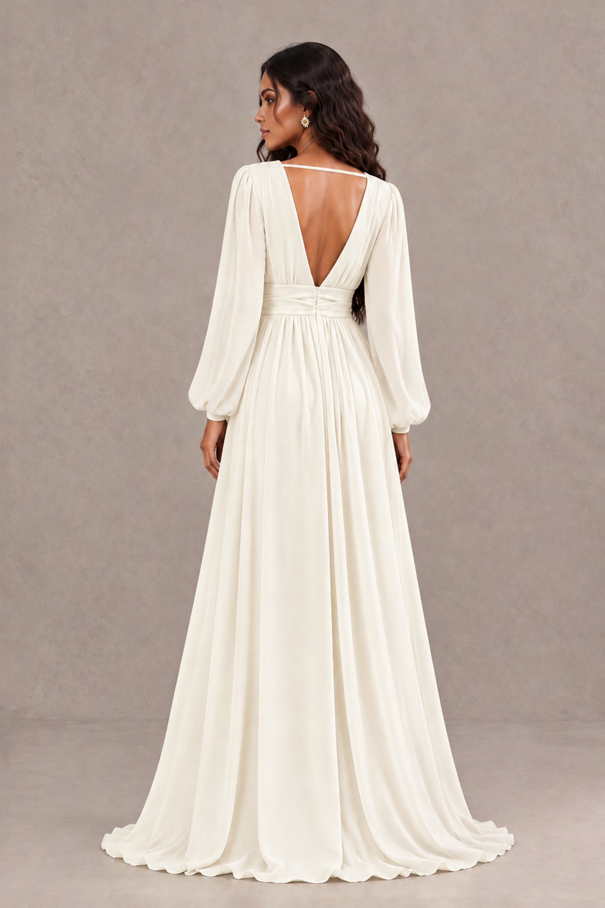 BOLODOO Ivory Long Sleeve V-Neck A-Line Gown with Open Back & Slit - Ivory - Ivory_2