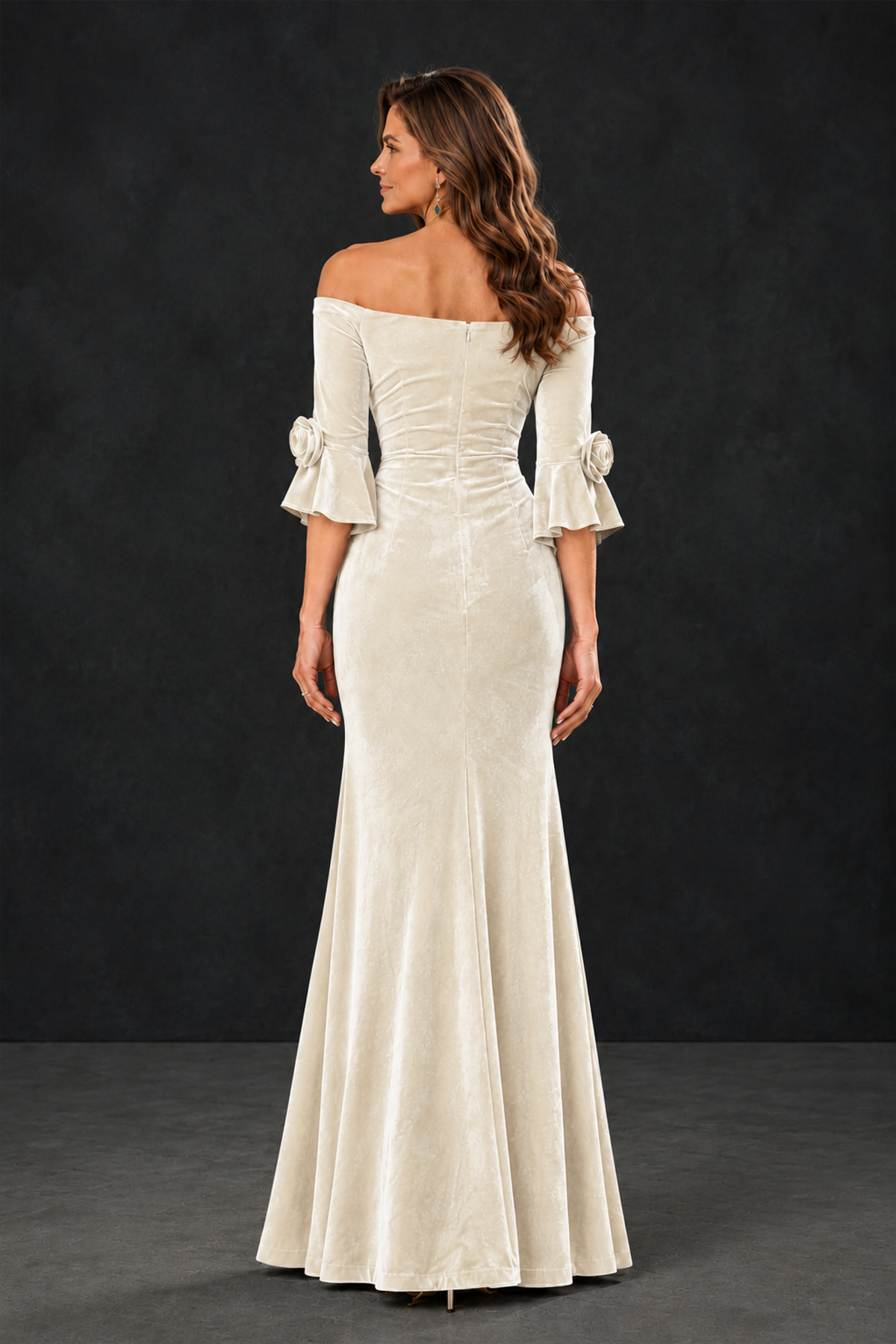 BOLODOO Ivory Velvet Mother of the Bride Dress with Rosette Sleeves - Ivory - Ivory_2