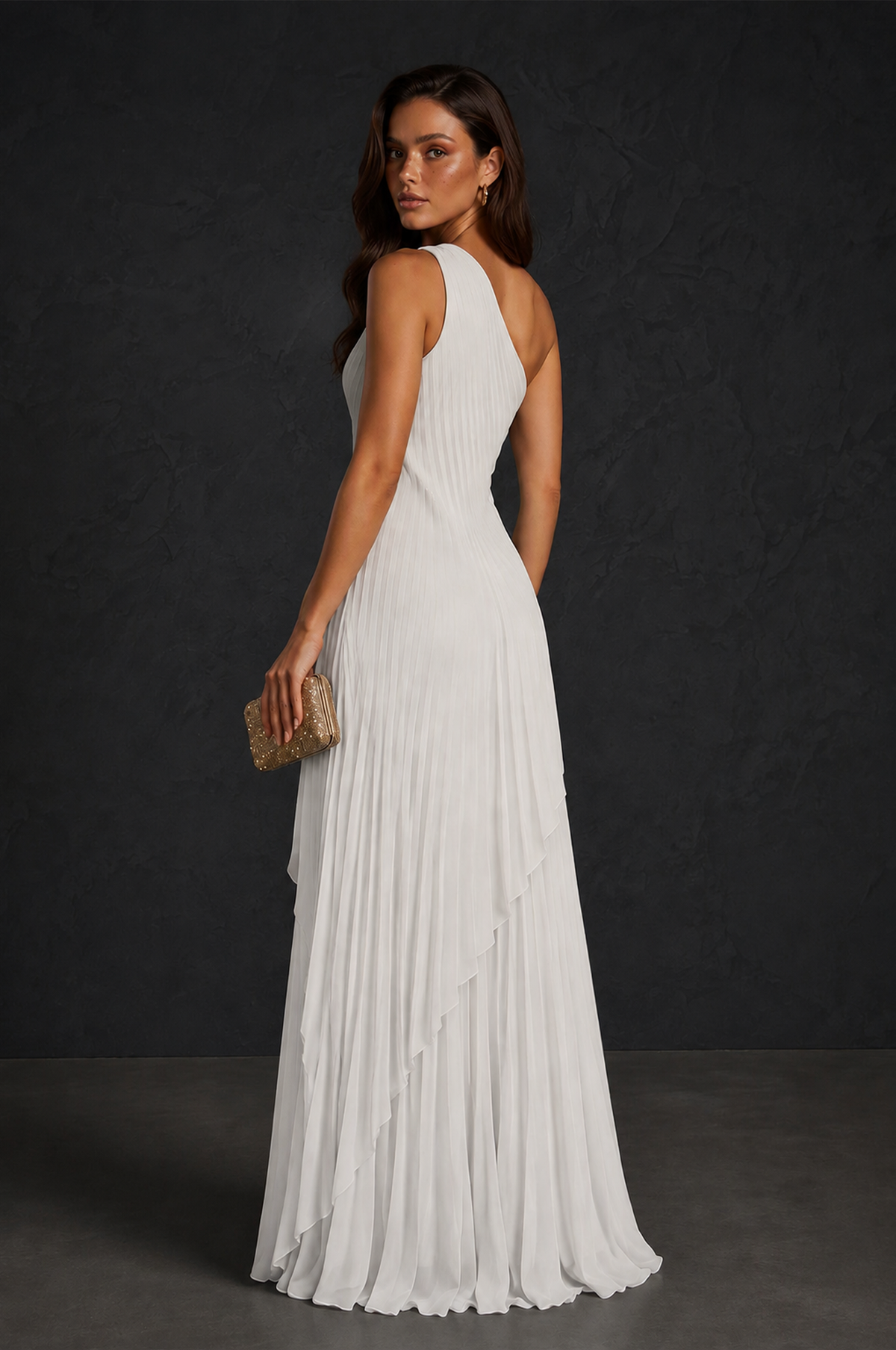 BOLODOO Ivory One-Shoulder Sunburst Pleated Asymmetric Layered Overlay Accordion Pleated Chiffon Maxi Dress - Ivory