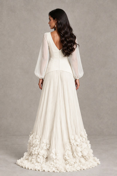 BOLODOO Ivory V-Neck Long Sleeve Pleated Floral Hem Evening Dress - Ivory - Ivory_2