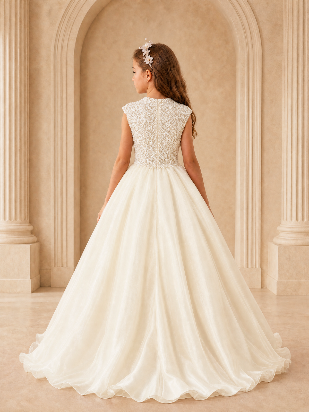 BOLODOO Ivory Sequin Tulle Flower Girl Dress with Cap Sleeves - Ivory - Ivory_2