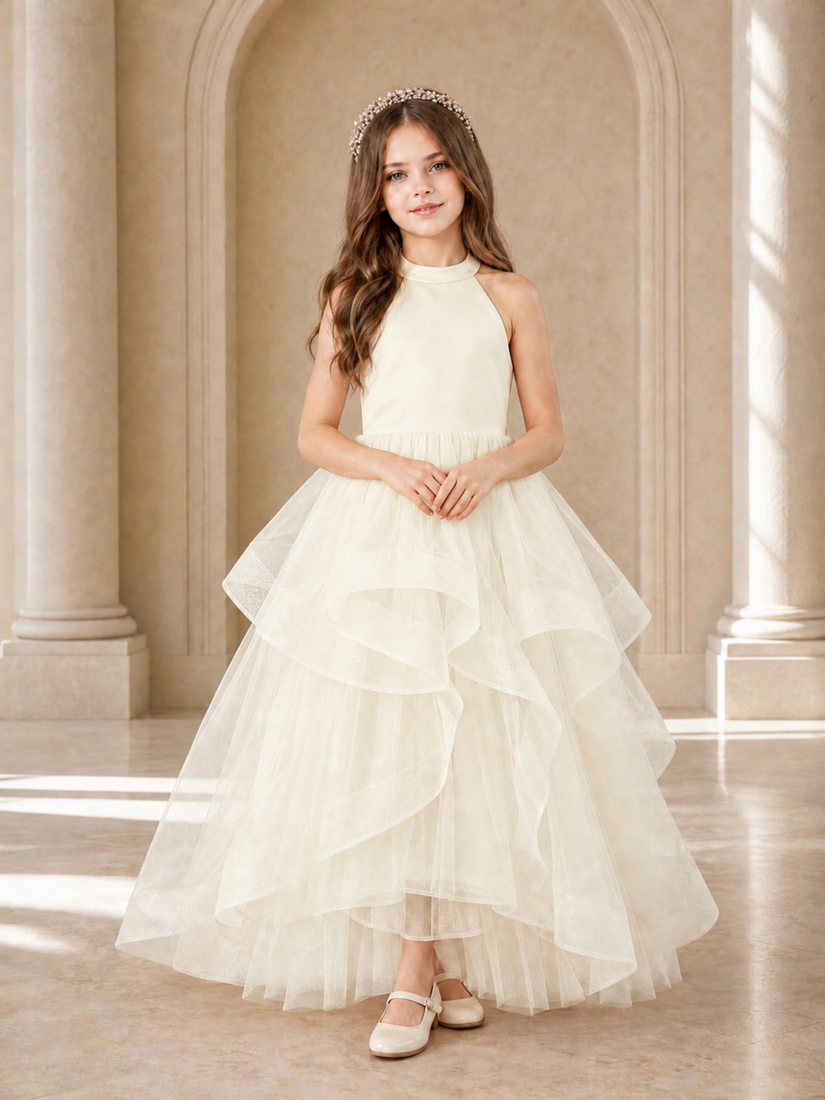 BOLODOO Ivory Halter Tiered Tulle Flower Girl Dress with Bow Back - Ivory - Ivory_2