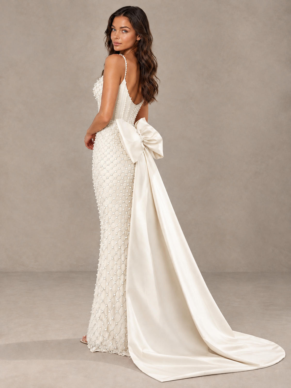 BOLODOO Ivory Beaded Corset Prom Dress with Bow Train - Ivory - Ivory_2