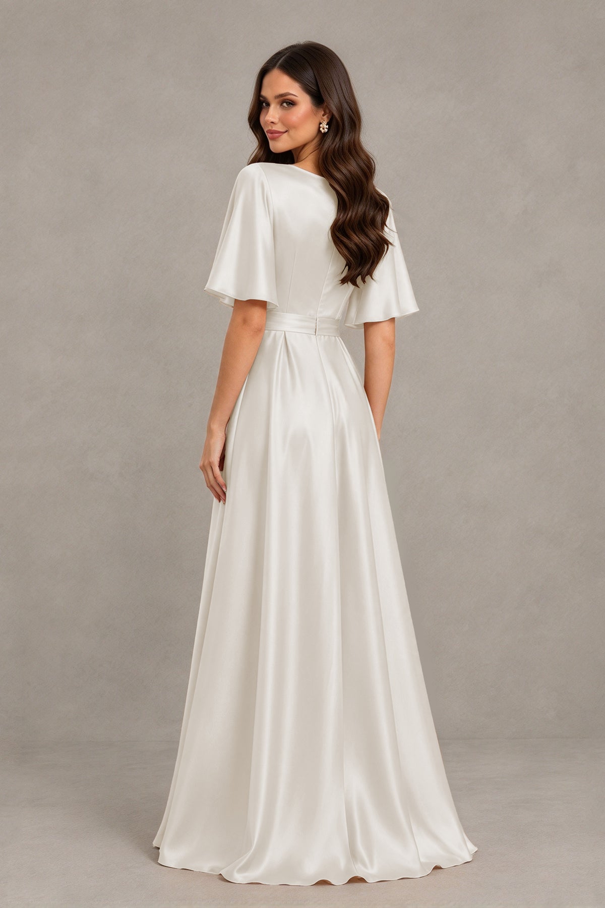 BOLODOO Ivory Satin V-Neck Flutter Sleeve Bridesmaid Dress with Slit - Ivory - Ivory(2)