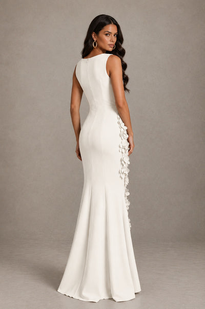 BOLODOO Ivory Bateau Neck Sleeveless Asymmetric Peplum 3D Petal Appliqué Mermaid Gown BD0421 - Ivory - Ivory_2