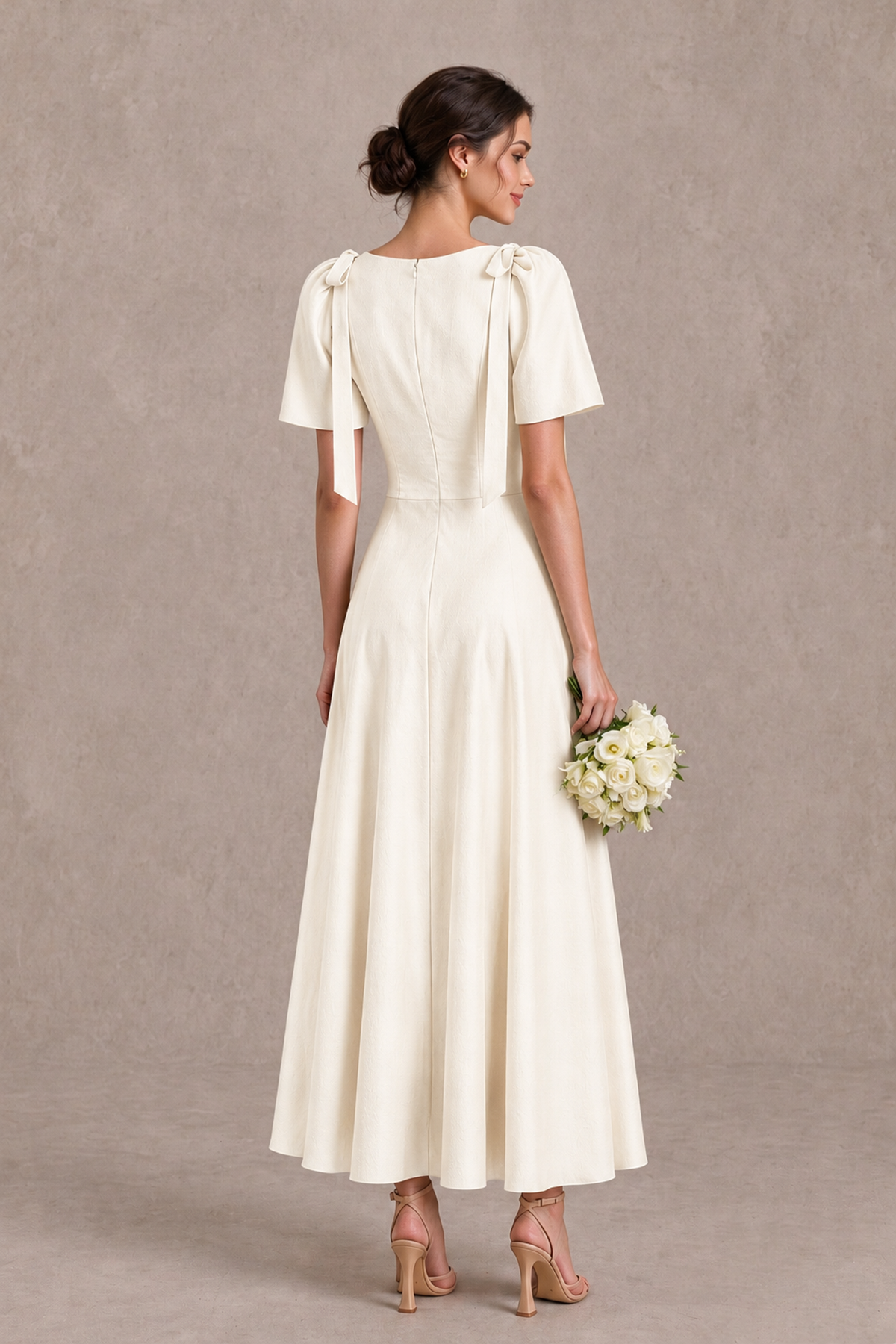 BOLODOO Ivory V-Neck Short Sleeve Satin-Look Bridesmaid Dress with Shoulder Bows - Ivory - Ivory_2