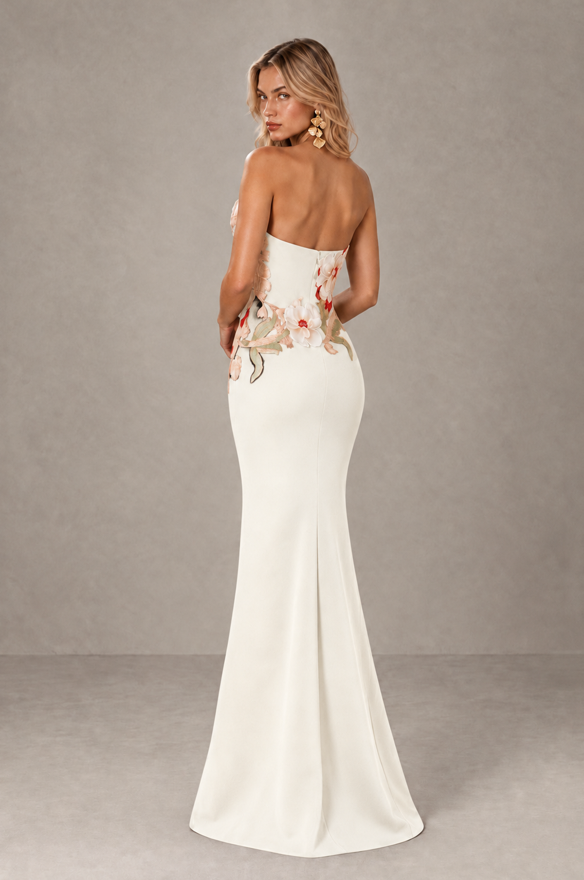BOLODOO Ivory Strapless Floral Mermaid Evening Dress with Slit - Ivory - Ivory_2