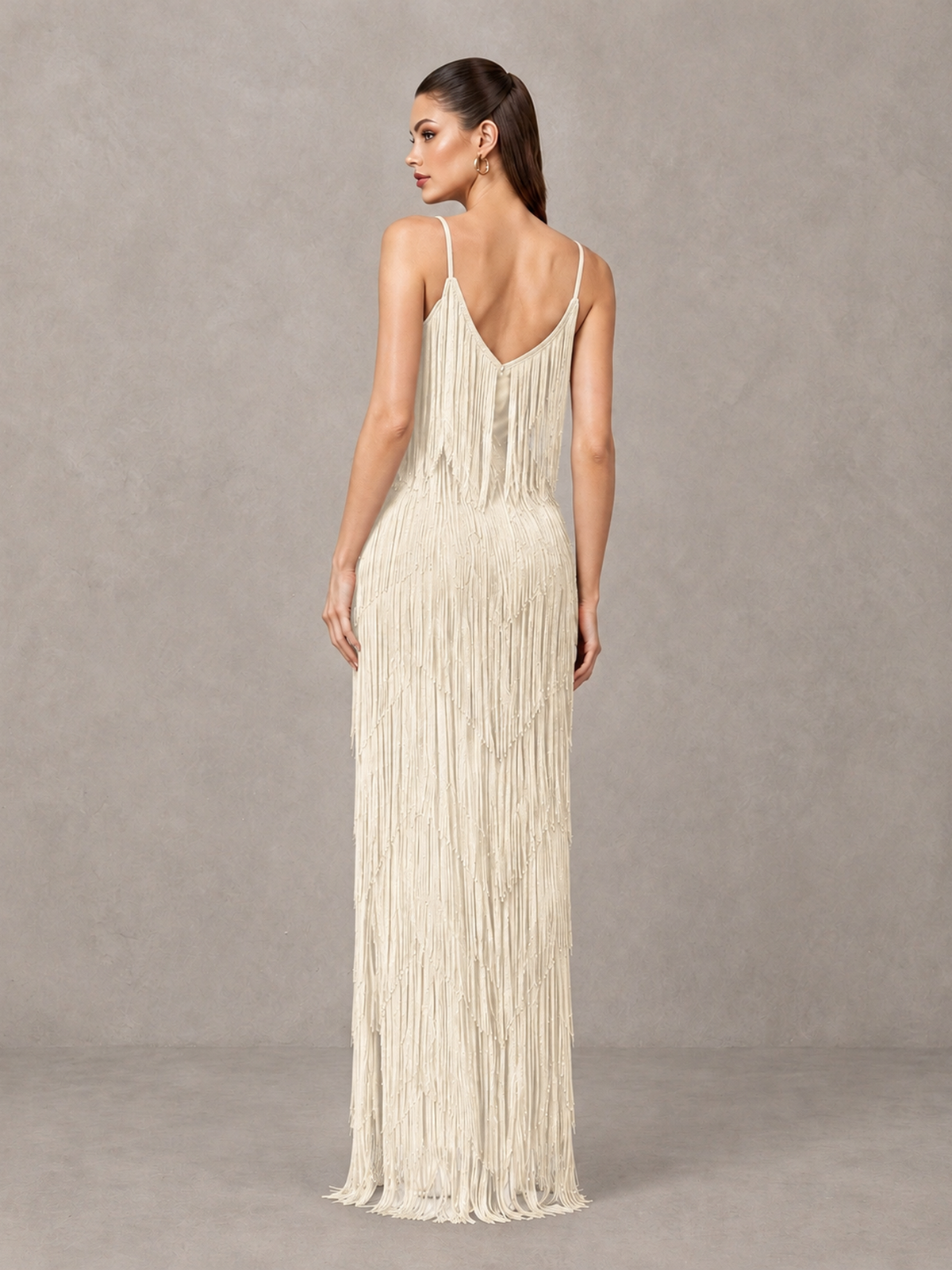 BOLODOO Ivory V-Neck Spaghetti Strap Fringe Maxi Evening Dress - Ivory - Ivory_2
