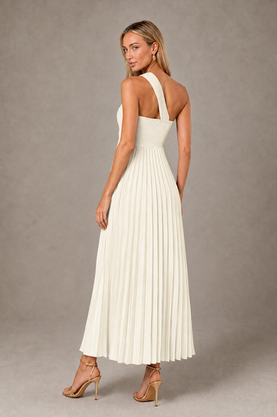 BOLODOO Ivory One-Shoulder Twist Knot Pleated Satin Midi Dress with Cutout - Ivory - Ivory_2