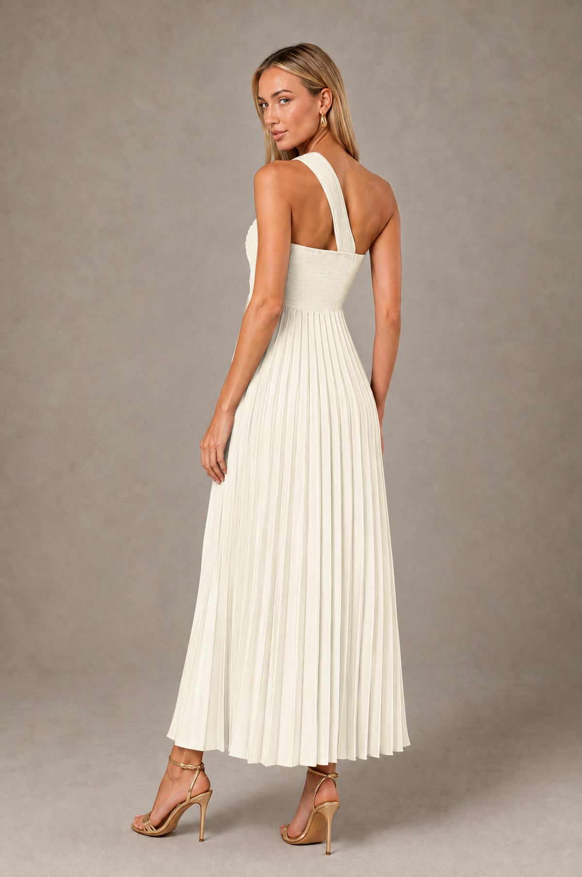 BOLODOO Ivory One-Shoulder Twist Knot Pleated Satin Midi Dress with Cutout - Ivory - Ivory_2