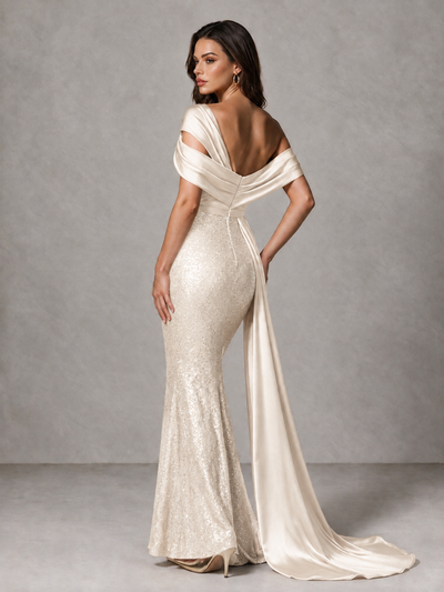 BOLODOO Ivory Sequin Mermaid Evening Dress with Off-Shoulder Satin Drape and Sweep Train - Ivory - Ivory_2