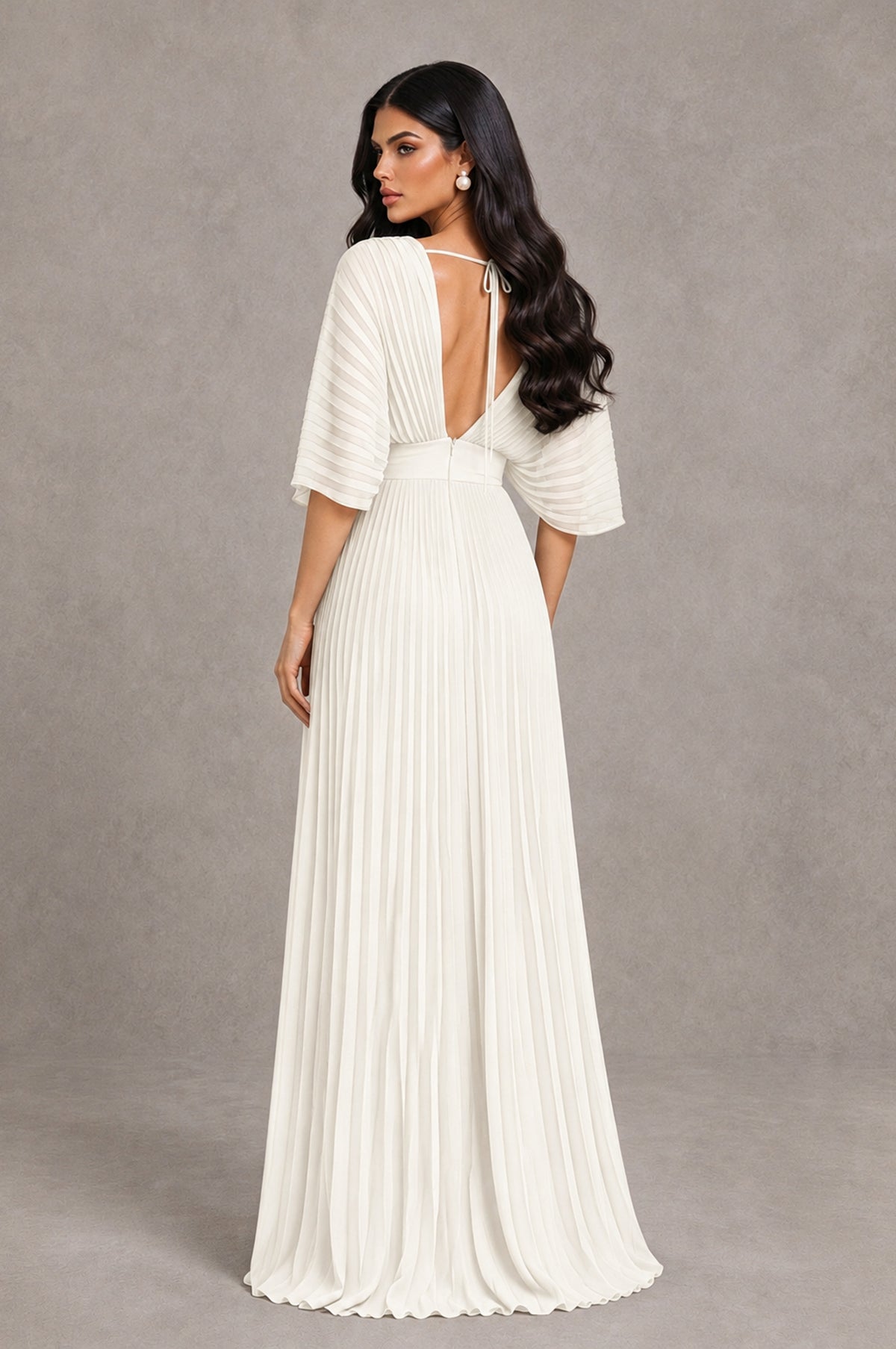 BOLODOO Ivory V-Neck Pleated Flutter Sleeve Formal Dress - Ivory - Ivory_2