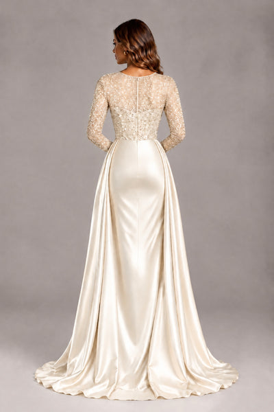 BOLODOO Ivory Long Sleeve Embellished Satin Evening Gown with Sweep Train - Ivory - Ivory_2