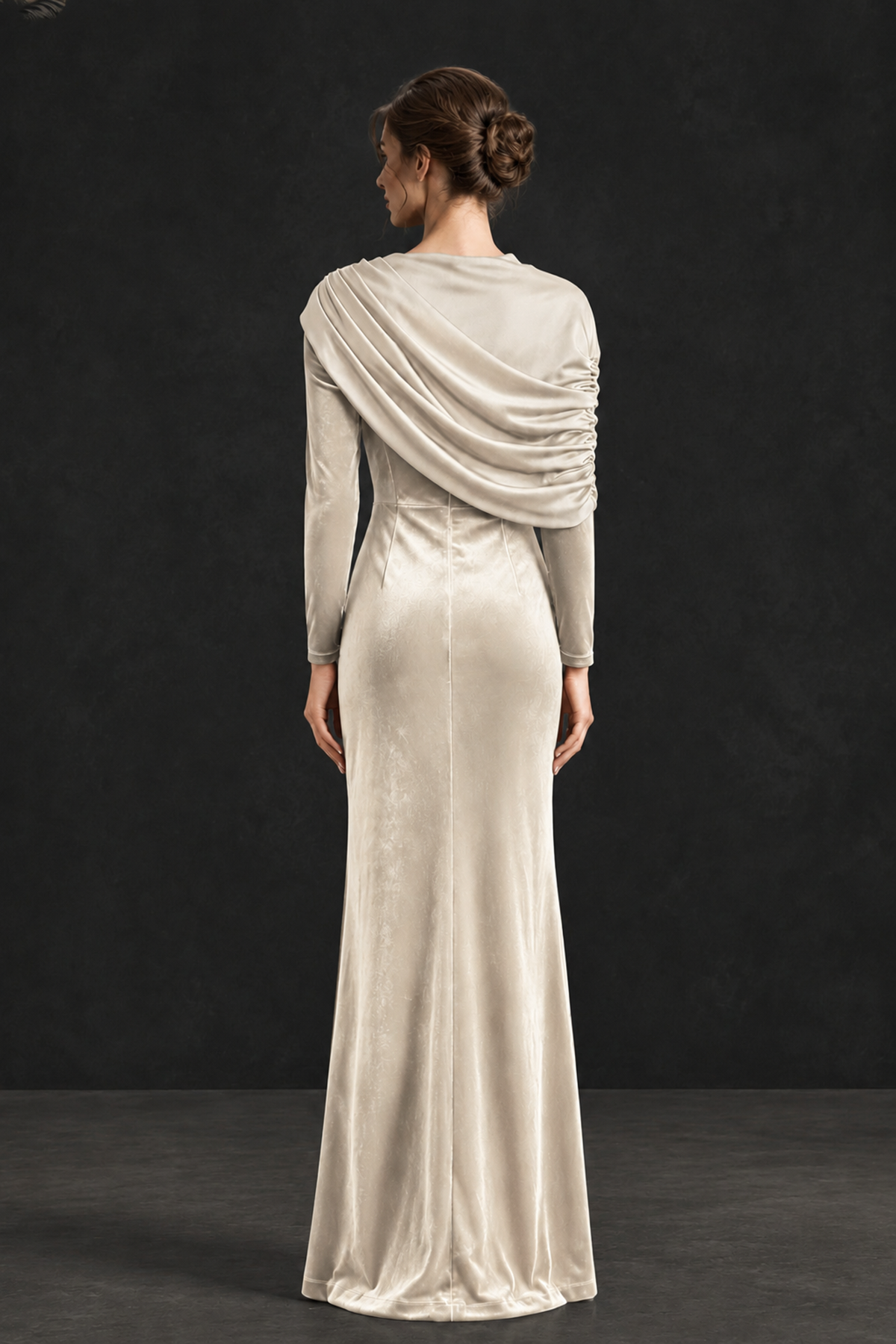 BOLODOO Ivory Velvet Long Sleeve Draped Mother of the Bride Dress - Ivory - Ivory_2