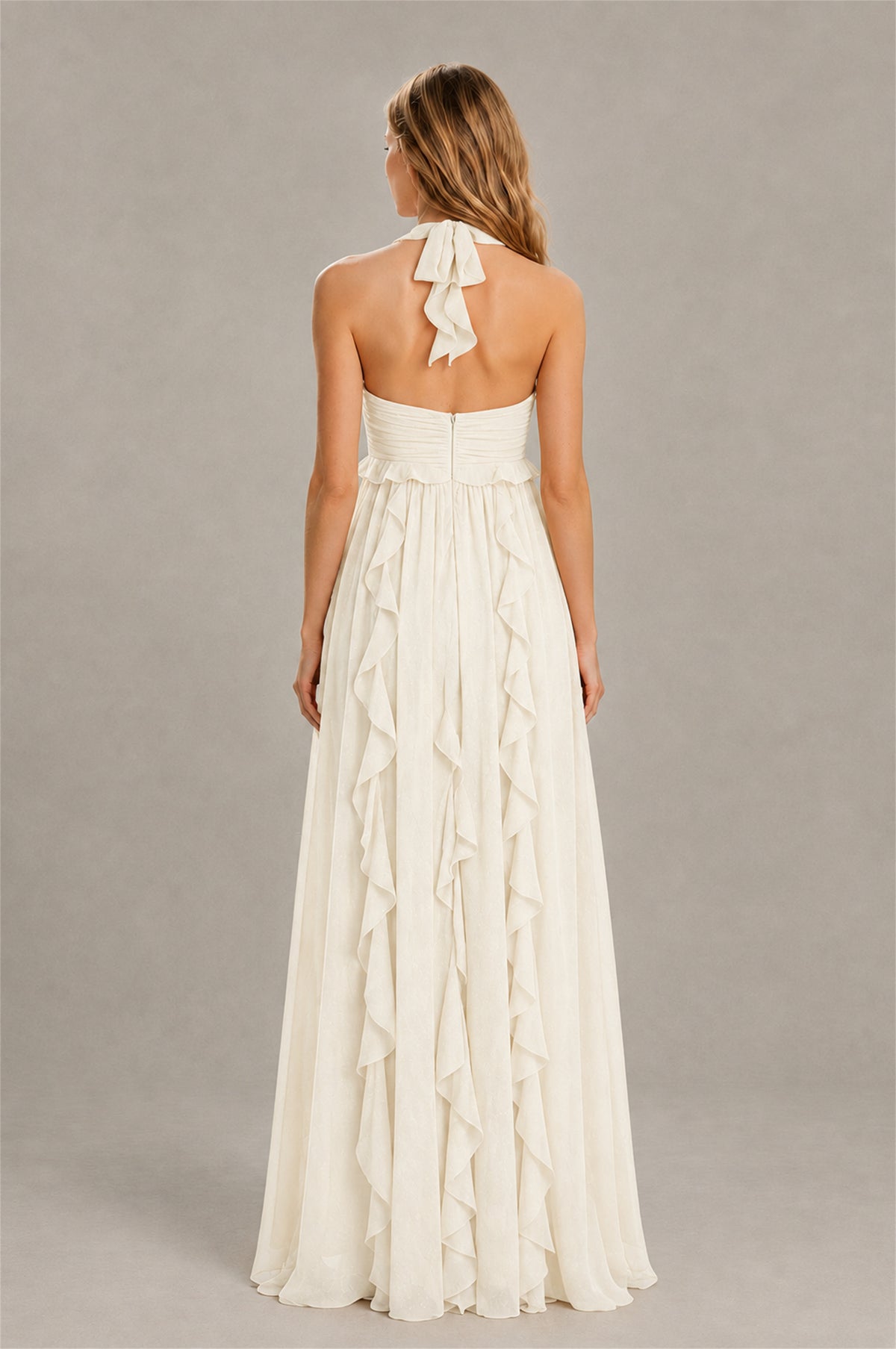BOLODOO Ivory Halter Ruffle A-Line Floor-Length Evening Dress - Ivory - Ivory_2