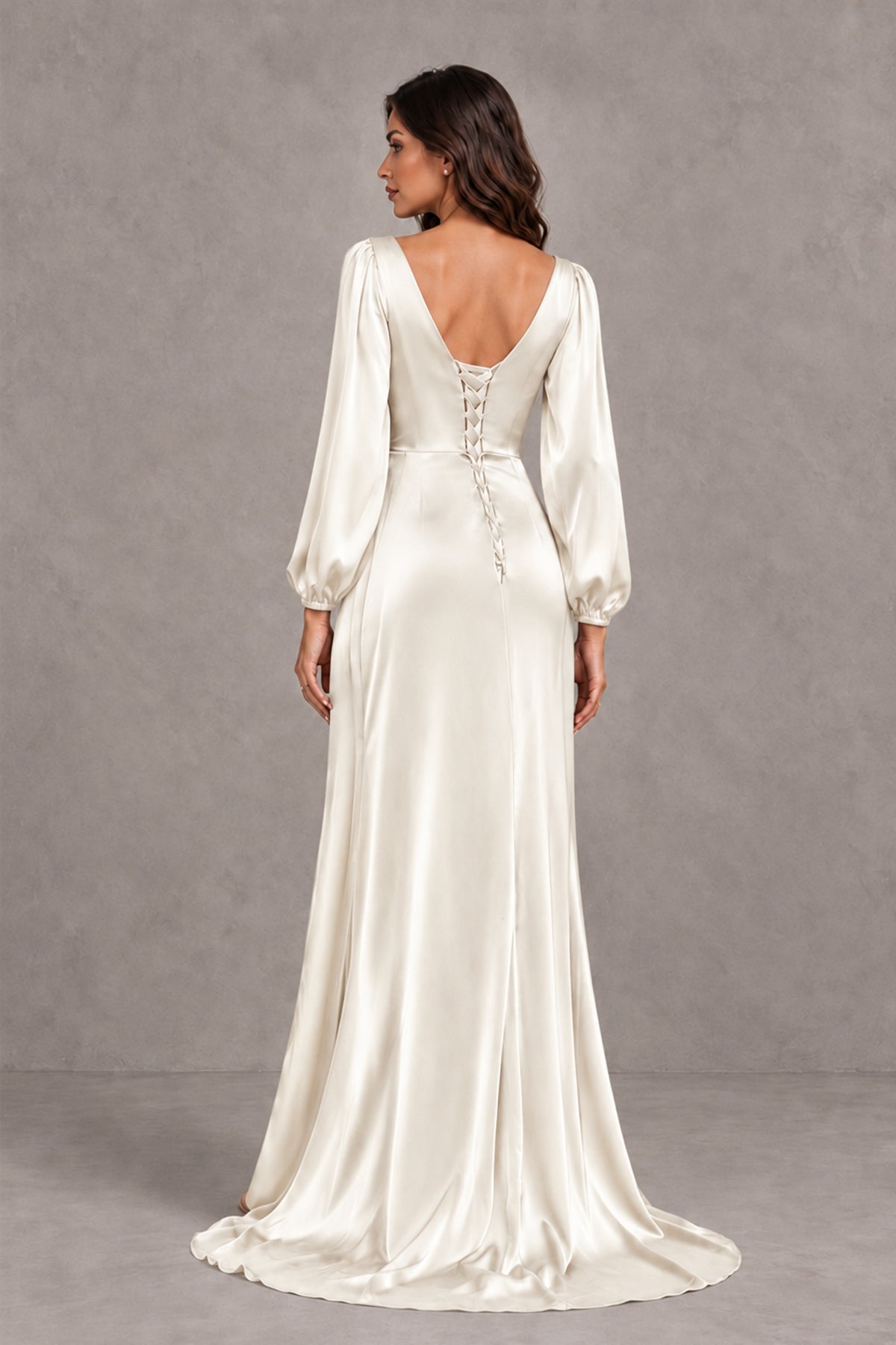 BOLODOO Ivory Satin-Look Long Sleeve Evening Dress with High Slit - Ivory - Ivory_2