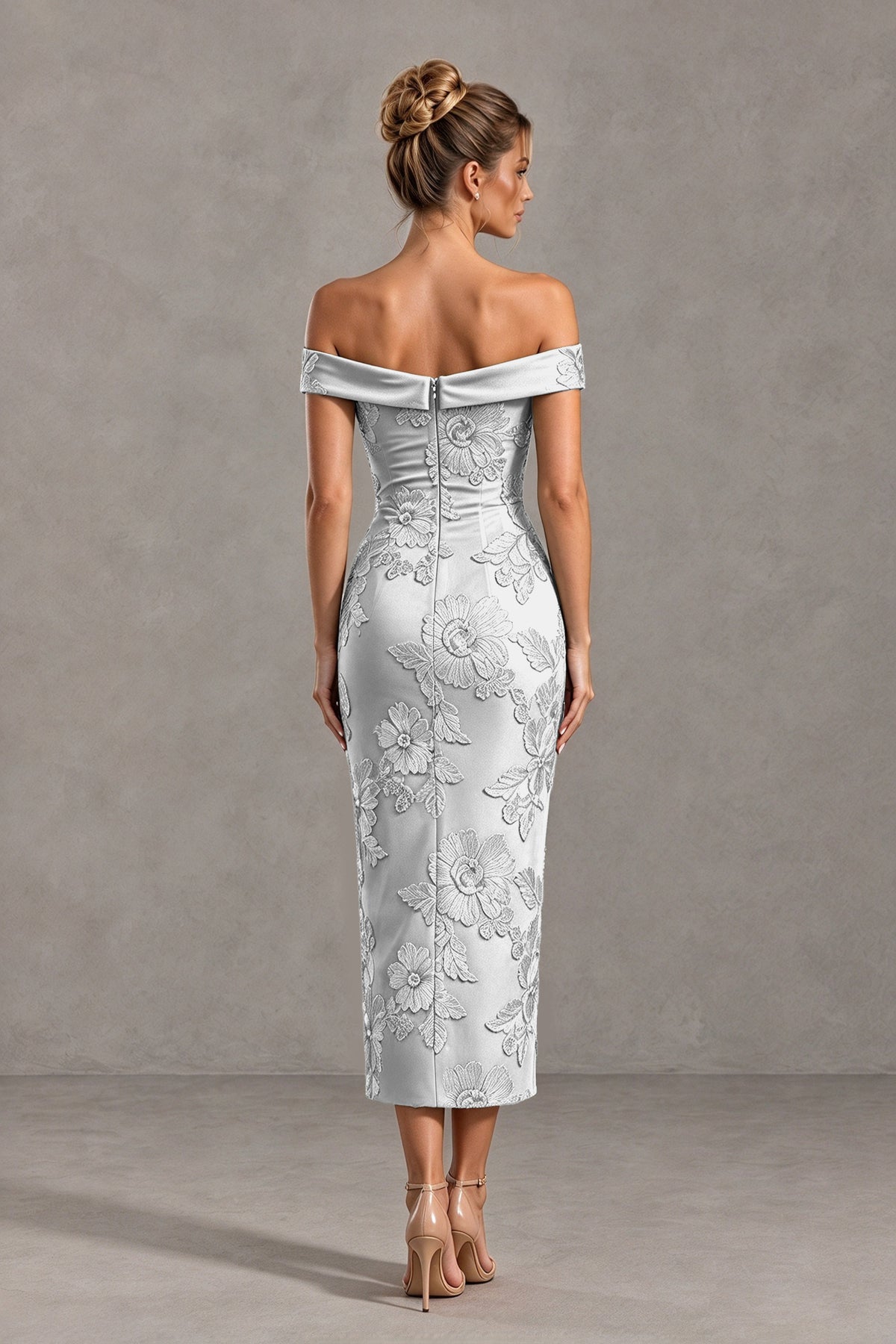 BOLODOO Ivory Off Shoulder Floral Jacquard Midi Dress - Ivory - Ivory(2)