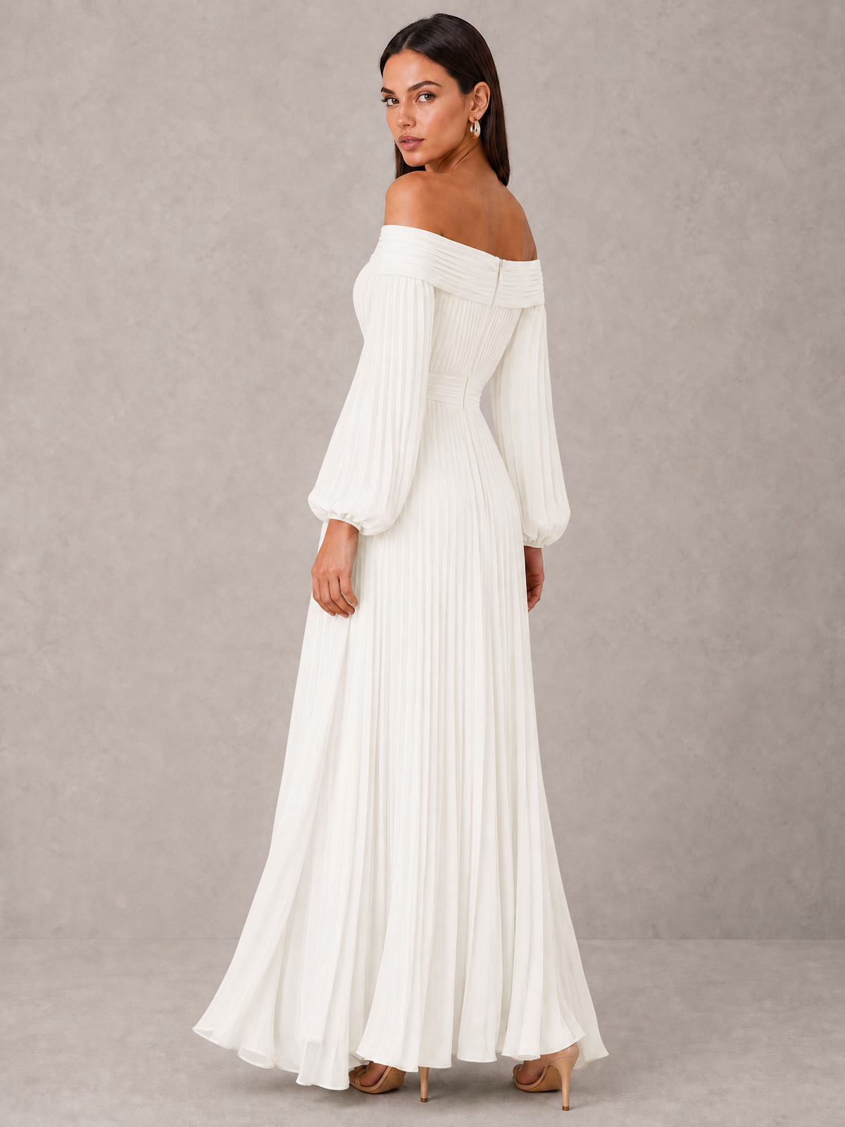 BOLODOO Ivory Off-Shoulder Long Sleeve Pleated High-Low Dress - Ivory - Ivory_2