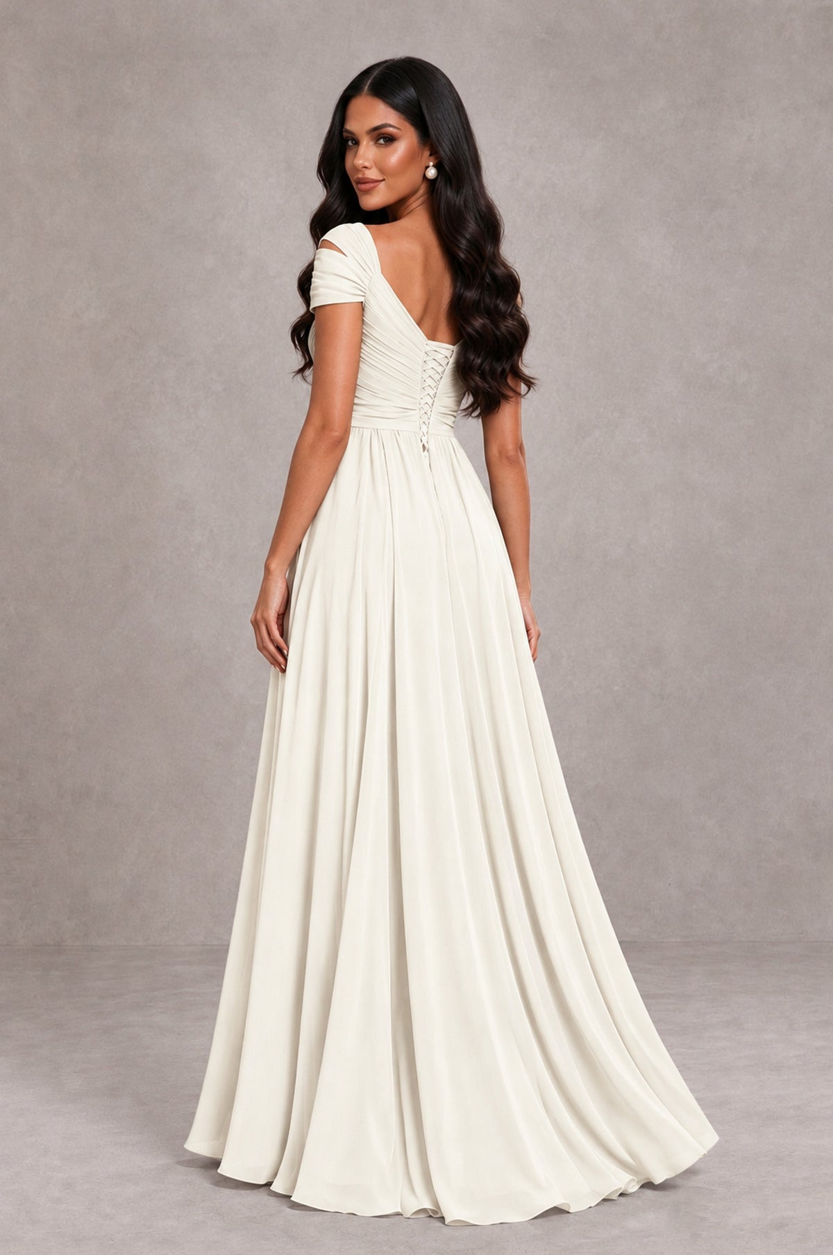BOLODOO Ivory Cold Shoulder Chiffon Evening Dress with V Neck and High Slit - Ivory - Ivory_2