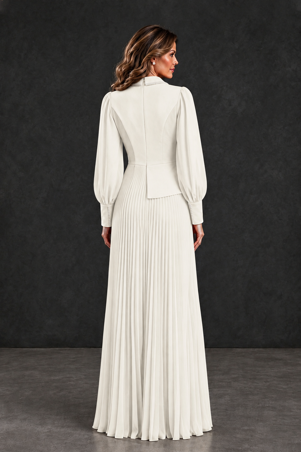 BOLODOO Ivory Long Sleeve Pleated Mother of the Bride Dress - Ivory - Ivory_2