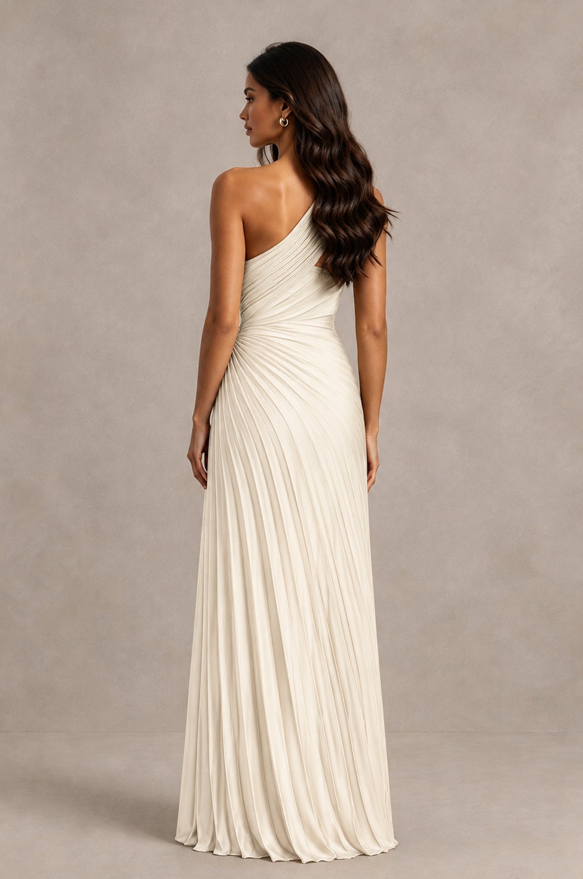 BOLODOO Ivory One Shoulder Pleated Evening Dress with Ruched Waist and High Slit - Ivory - Ivory_2
