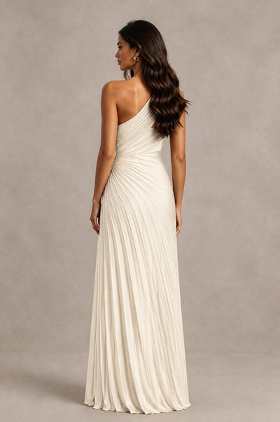 BOLODOO Ivory One Shoulder Pleated Evening Dress with Ruched Waist and High Slit - Ivory - Ivory_2