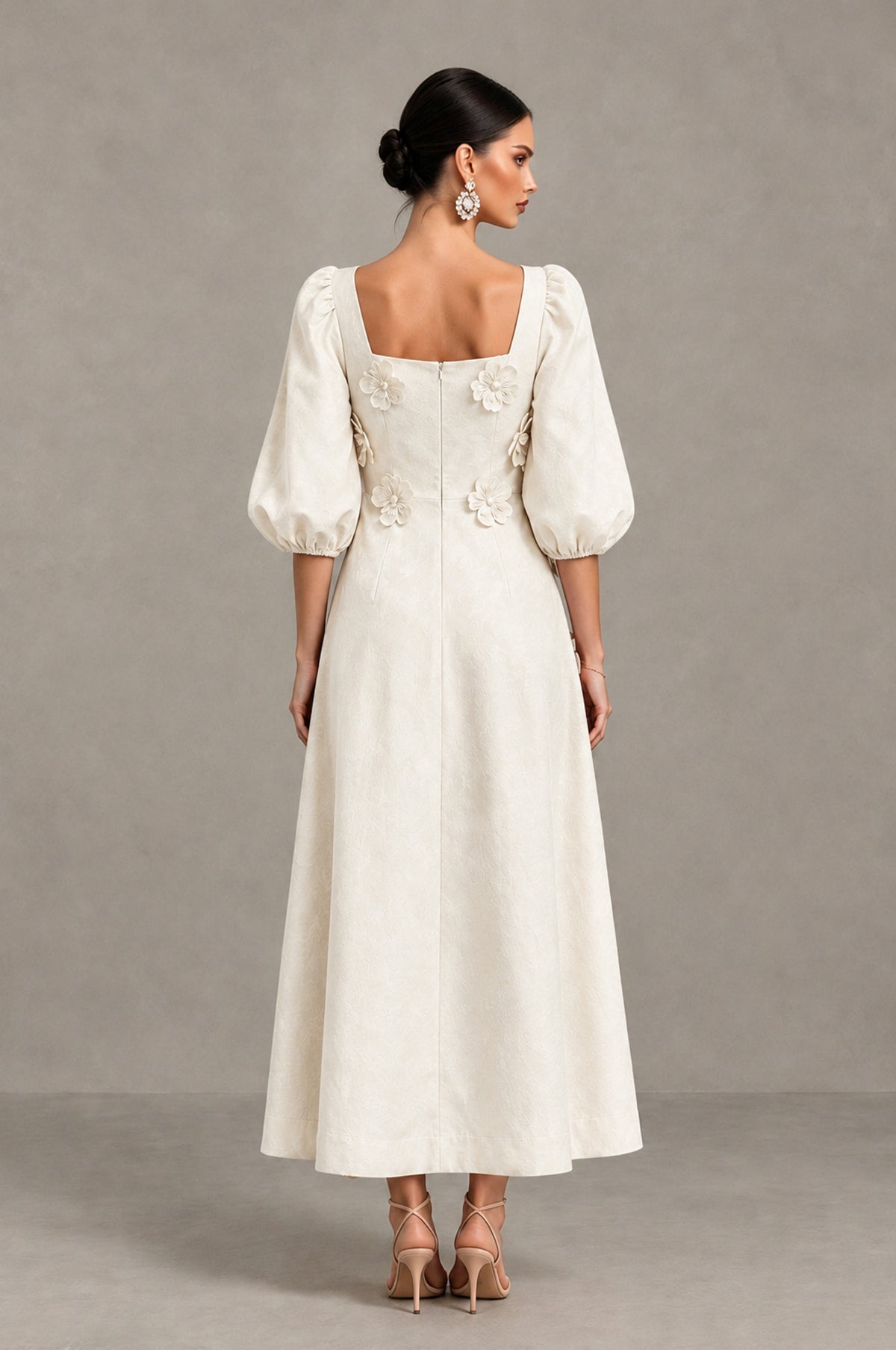 BOLODOO Ivory 3D Floral Puff Sleeve Midi Cocktail Dress - Ivory - Ivory_2