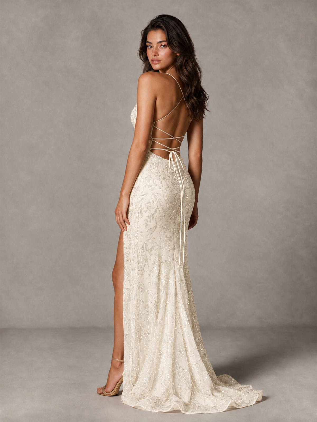 BOLODOO Ivory Sequin Prom Dress with Lace-Up Back and High Slit - Ivory - Ivory_2