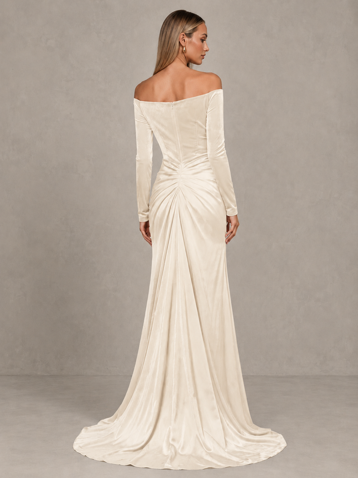 BOLODOO Ivory Off-Shoulder Velvet Evening Gown with High Slit - Ivory - Ivory_2