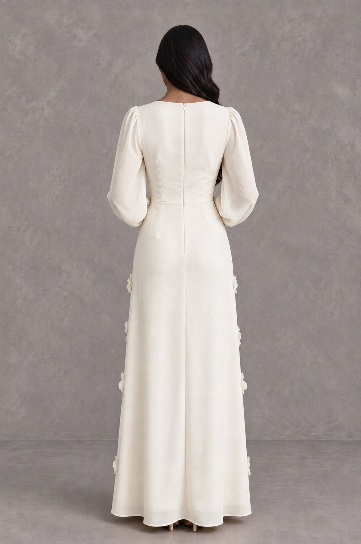 BOLODOO Ivory Long Sleeve Floral Applique A-Line Evening Dress - Ivory - Ivory_2