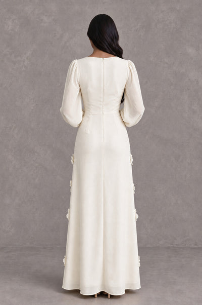 BOLODOO Ivory Long Sleeve Floral Applique A-Line Evening Dress - Ivory - Ivory_2