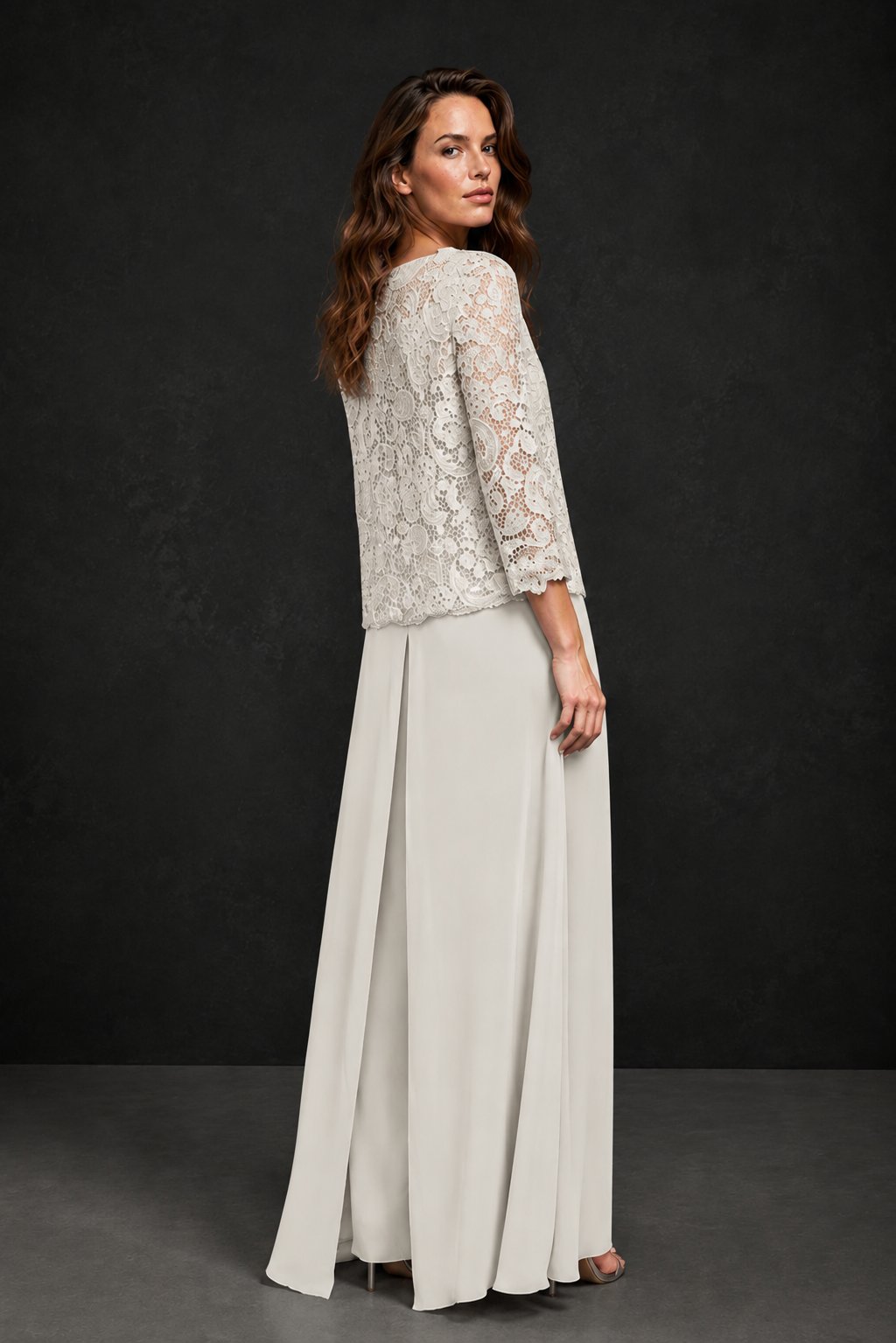 BOLODOO Ivory Grey Lace Peplum Top & Wide-Leg Chiffon Pants Set | Mother of the Bride & Formal Evening Outfit - Ivory