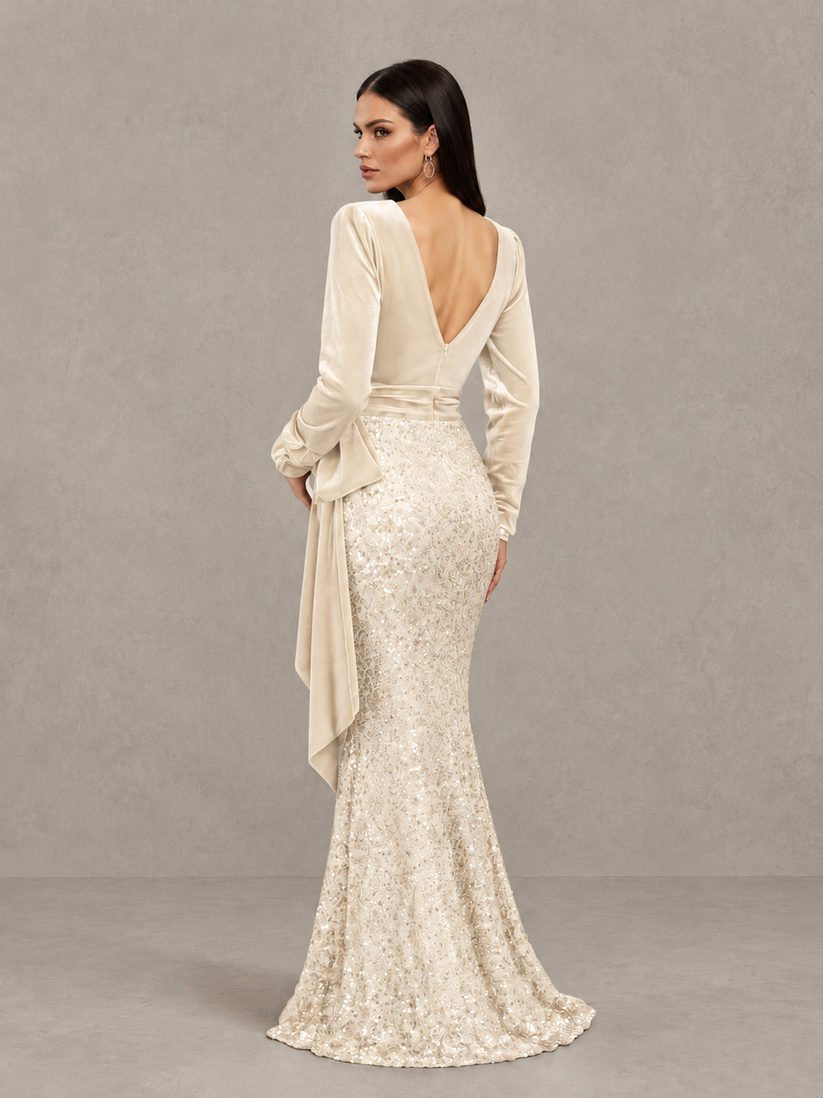 BOLODOO Ivory Velvet & Sequin Long Sleeve V-Neck Mermaid Evening Gown - Ivory - Ivory_2