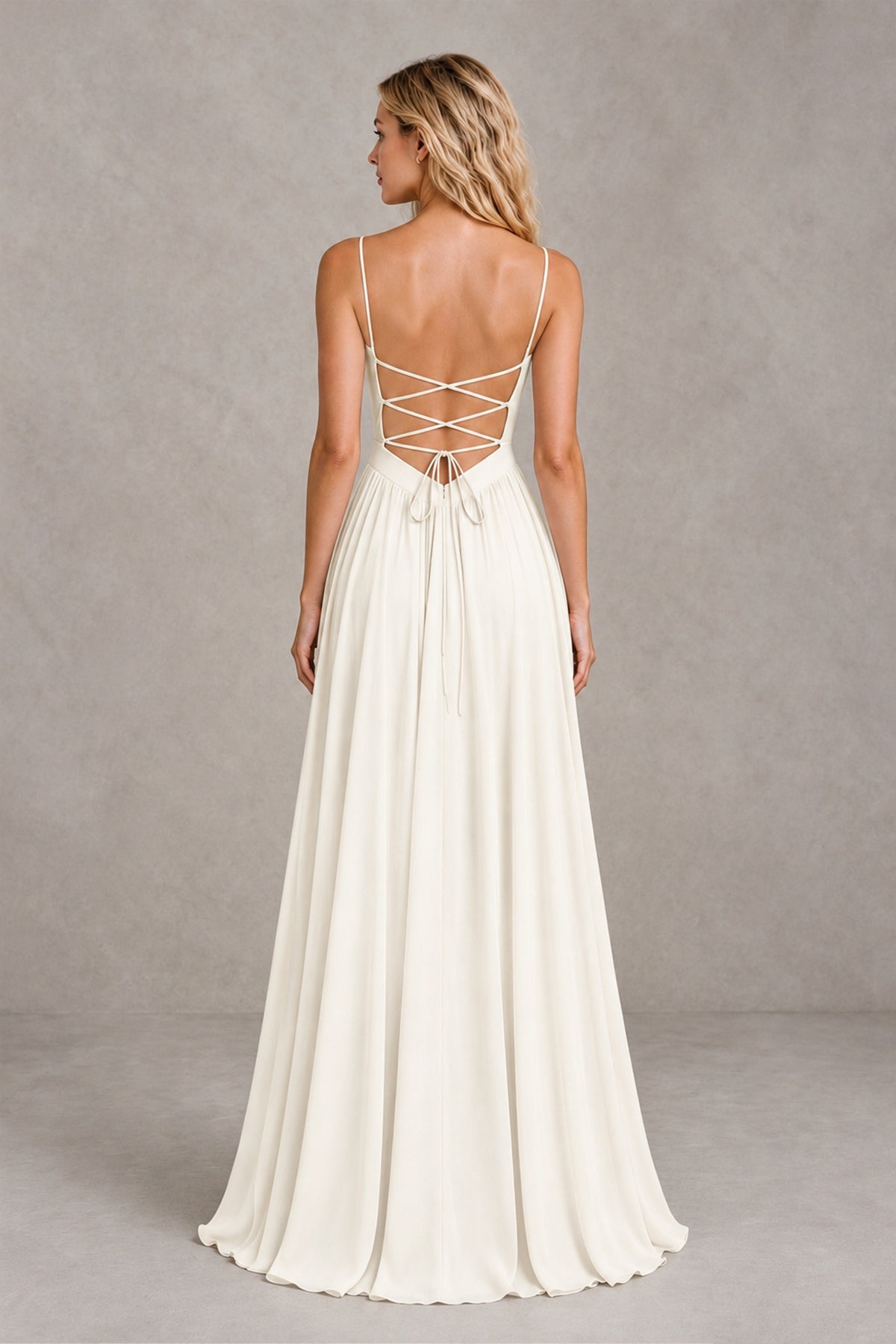 BOLODOO Ivory Spaghetti Strap A-Line Bridesmaid Dress with Slit - Ivory - Ivory_2