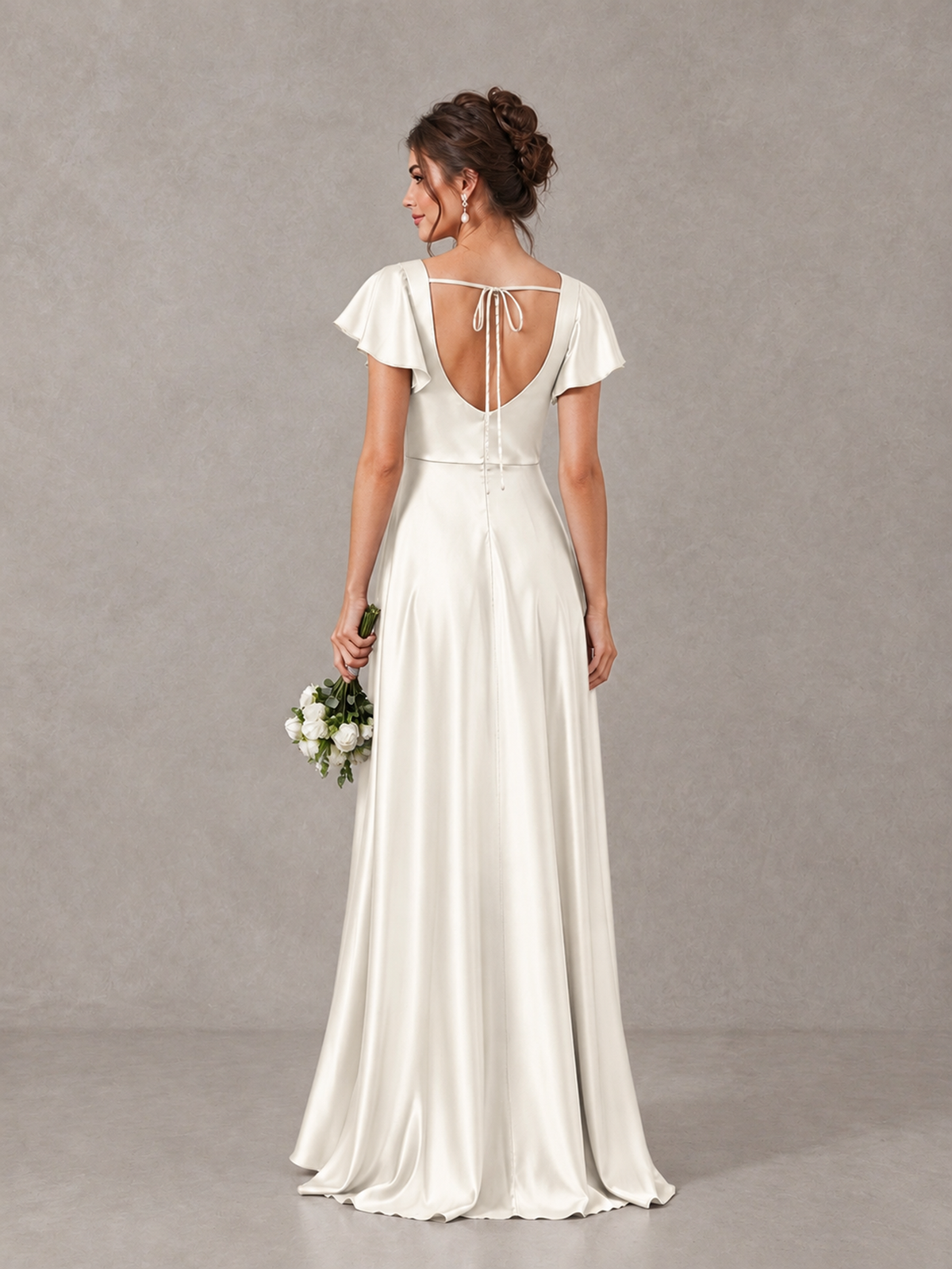BOLODOO Ivory Satin Square Neck Flutter Sleeve A-Line Bridesmaid Dress with Slit - Ivory - Ivory_2