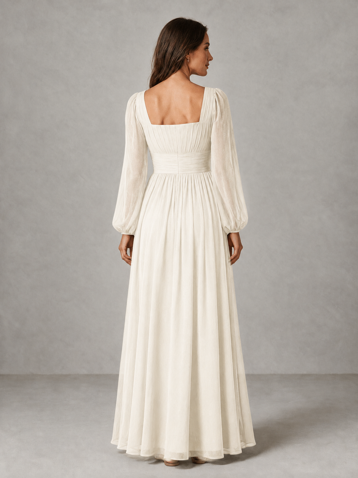 BOLODOO Ivory Square Neck Long Sleeve Chiffon Bridesmaid Dress - Ivory - Ivory_2