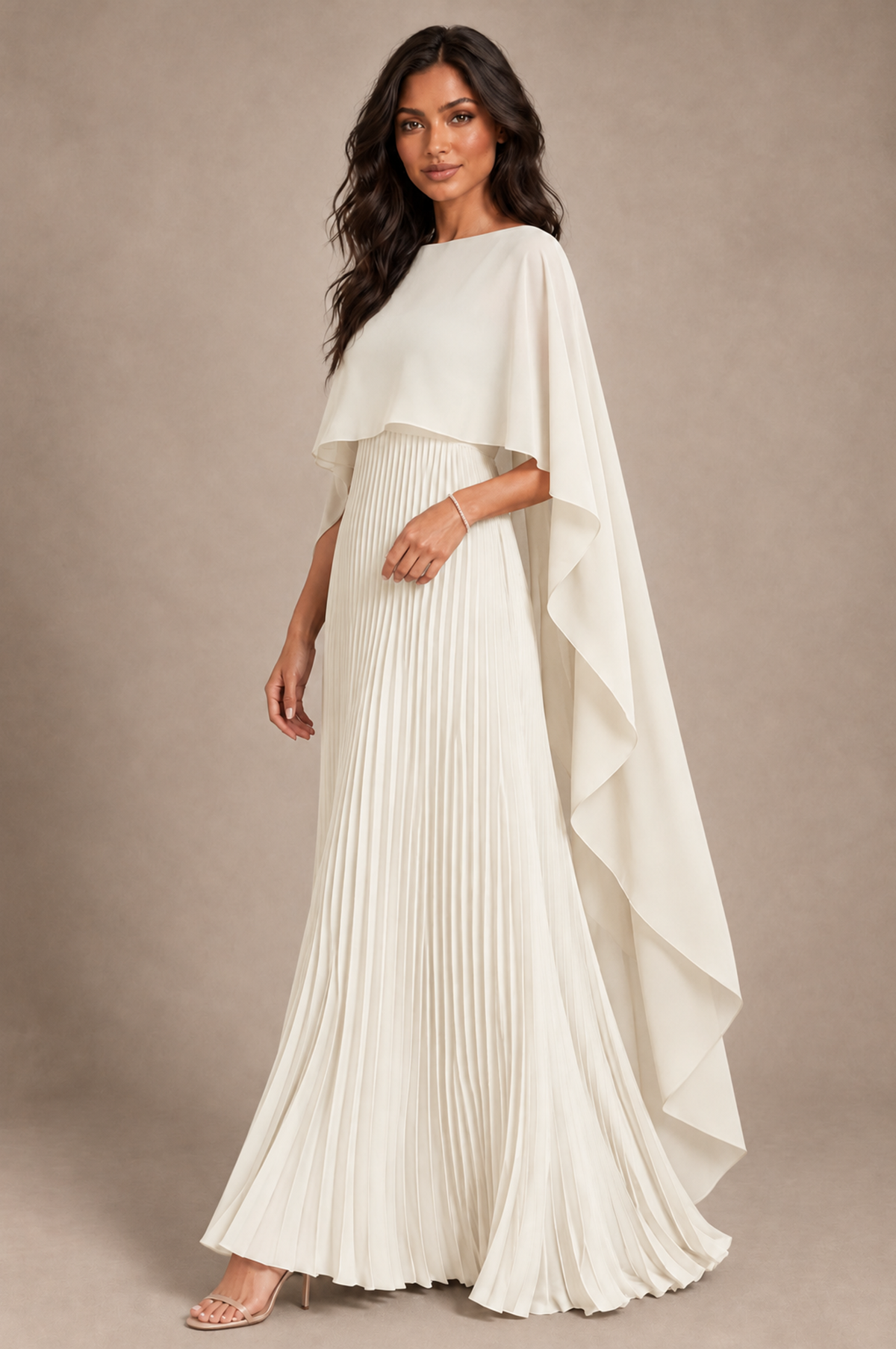 BOLODOO Ivory Pleated Cape A-Line Evening Dress - Ivory - Ivory_2