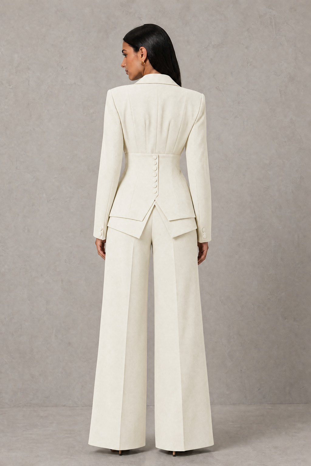 BOLODOO Ivory Cinched Waist Blazer and Wide Leg Pants Two Piece Suit Set - Ivory